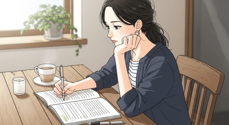 ノートを開き、静かに自分の気持ちや未来を考える日本人女性