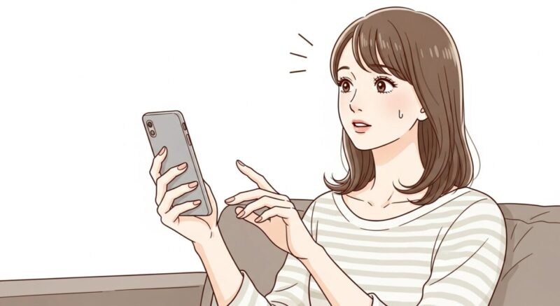 スマホを持ちながら、少し緊張した面持ちで送信ボタンに指を伸ばす日本人女性