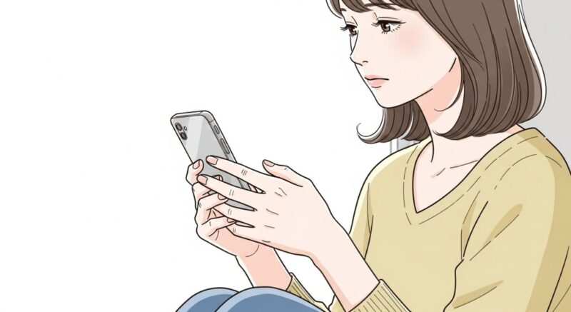 スマホを見つめながら少し落ち込んだ表情をする日本人女性