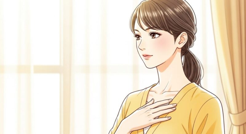 胸に手を当てて深呼吸をしながら、自分を励ます日本人女性