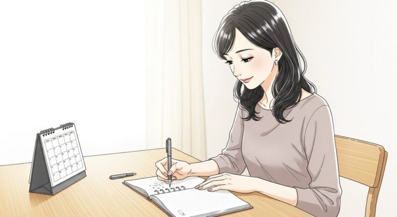 カレンダーを前にしながら予定を書き込み、前向きに計画を立てる日本人女性