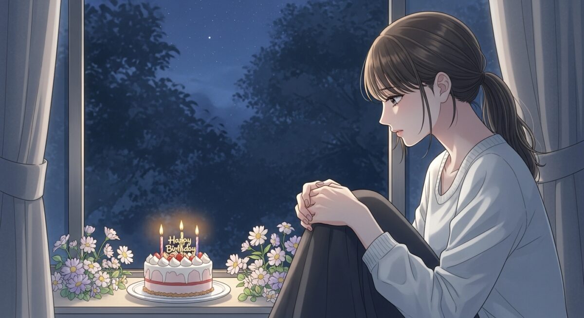 夜空に浮かぶキャンドルと花に囲まれた誕生日ケーキを見つめる日本人女性。切なさと希望を感じる雰囲気。