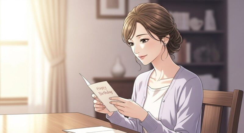 誕生日カードを開き、微笑みながら思い出に浸る女性。温かさと懐かしさを表現。