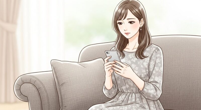 スマホを手にして悩む女性。送信するかしないか迷っている表情。