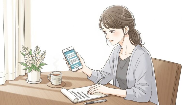 机に座り、便箋やスマホに下書きをしている女性。表情は真剣。