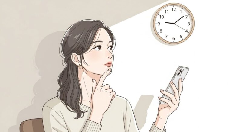 時計を見つめながらスマホを手にしている女性。時間を気にしている様子。
