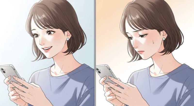 スマホを見て、笑顔になったり少し落ち込んだりする女性の対比的な姿。