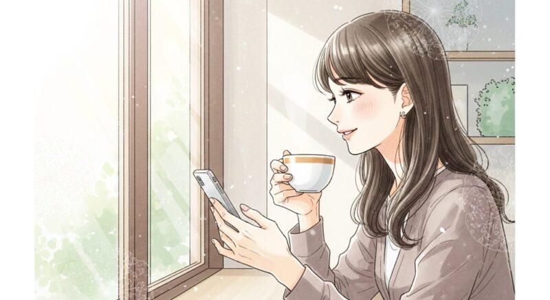カフェでコーヒーを飲みながら前向きにスマホを見る女性。希望を感じる表情。