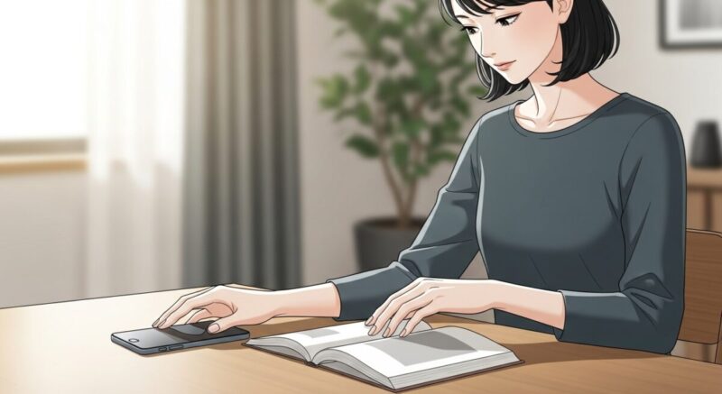 スマホを机に置き、連絡をやめて自分磨きに意識を向ける女性。落ち着いた雰囲気。