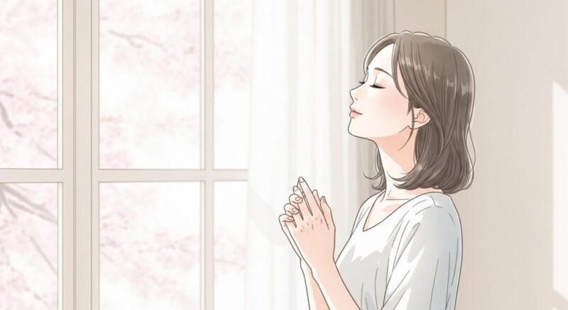 窓際で静かに深呼吸をし、自分を落ち着かせる女性。強さと穏やかさを表現。