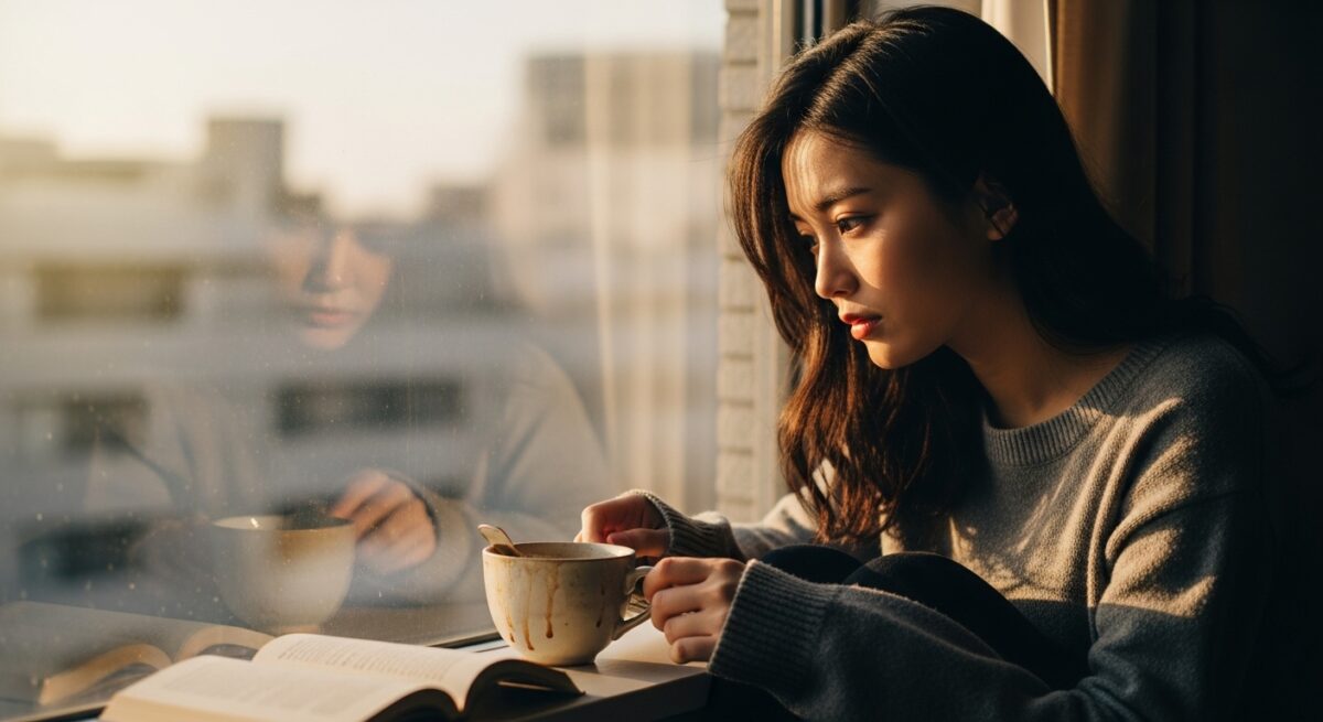 窓辺に座り、静かに過去の恋を思い返す日本人女性。柔らかな光に包まれ、心の奥で復縁について迷いを抱える様子