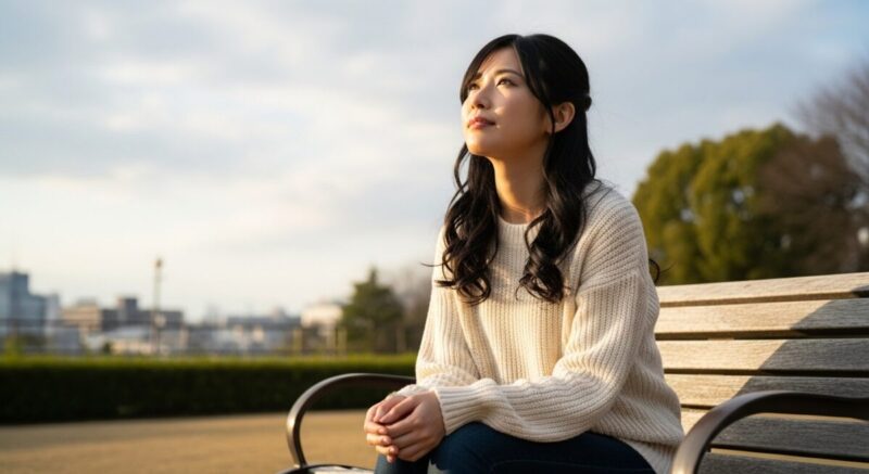 公園のベンチで空を見上げながら、相手の気持ちを想像している日本人女性