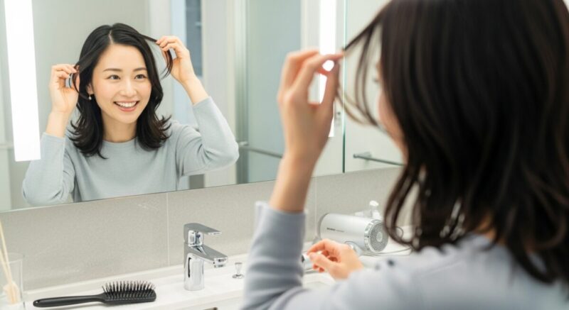 鏡の前で軽く髪を整え、明るい表情を見せる日本人女性