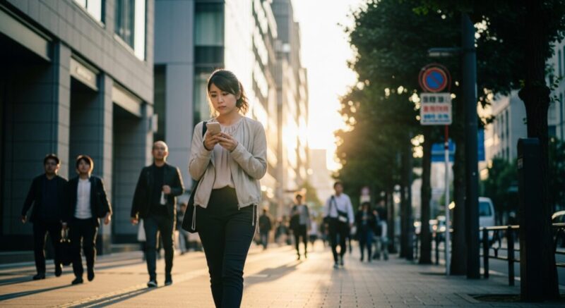 歩道を歩きながらスマホを見つめ、送るべきか迷っている表情の日本人女性