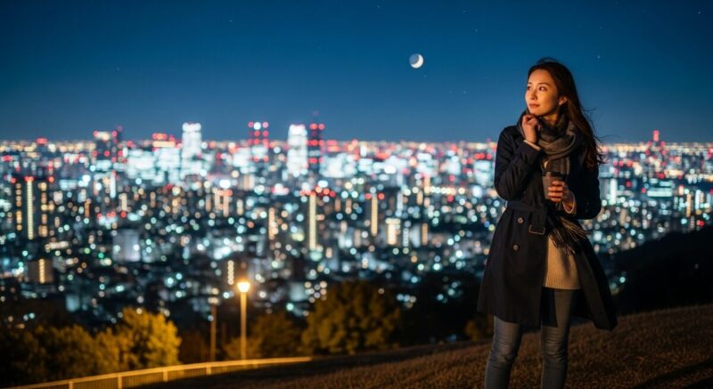 夜景を見下ろす高台に立ち、自分の未来を考える日本人女性