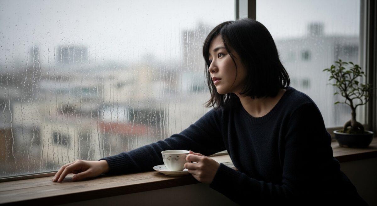 窓辺で静かに過去を思い出しながら、気持ちの揺れを見つめる女性