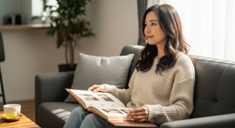 ソファに腰掛け、アルバムを見返しながら少し冷静な表情をする女性