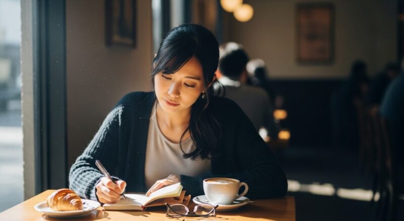 静かなカフェでノートに自分の気持ちを書き出す女性