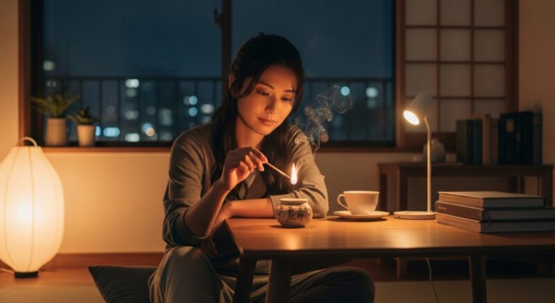 夜の部屋でアロマを灯し、リラックスしながら自分を見つめ直す女性
