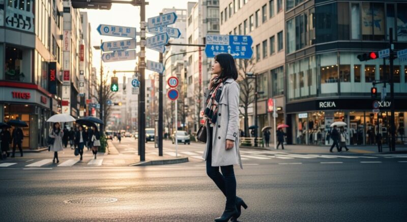 分かれ道に立ち、どちらに進むかを思案する女性の後ろ姿