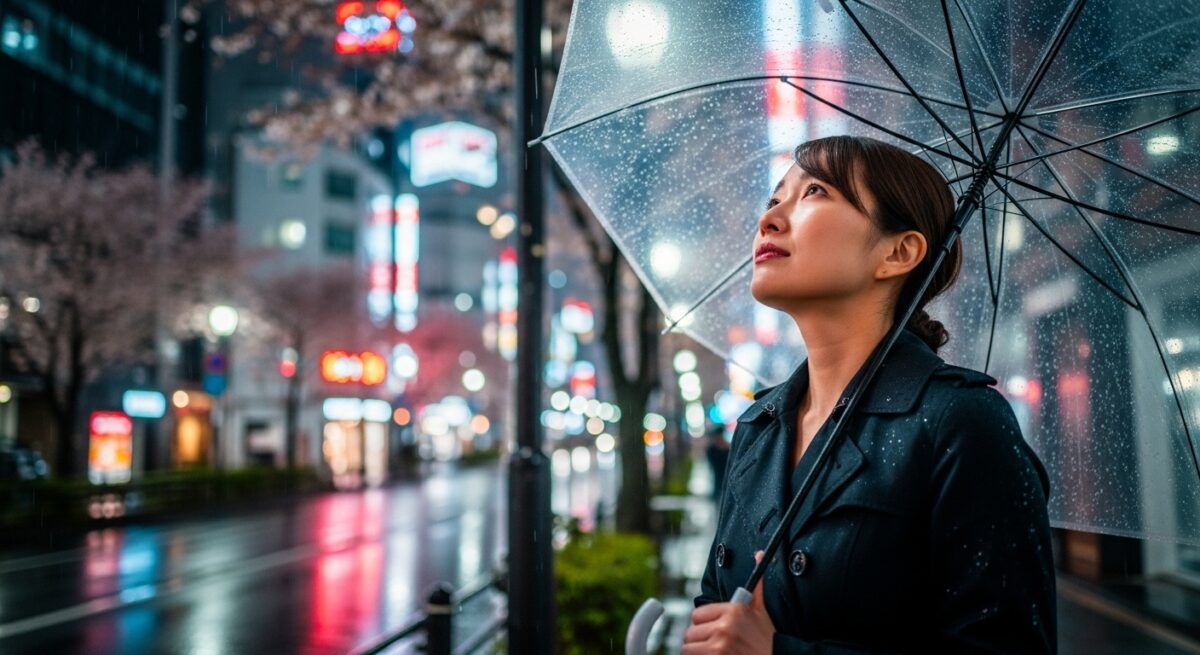 街の夜道で立ち止まり、空を見上げながら相手を思い出す日本人女性