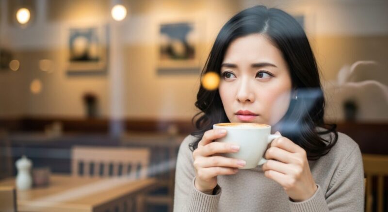 カフェの窓際でコーヒーを飲みながら考え込む日本人女性