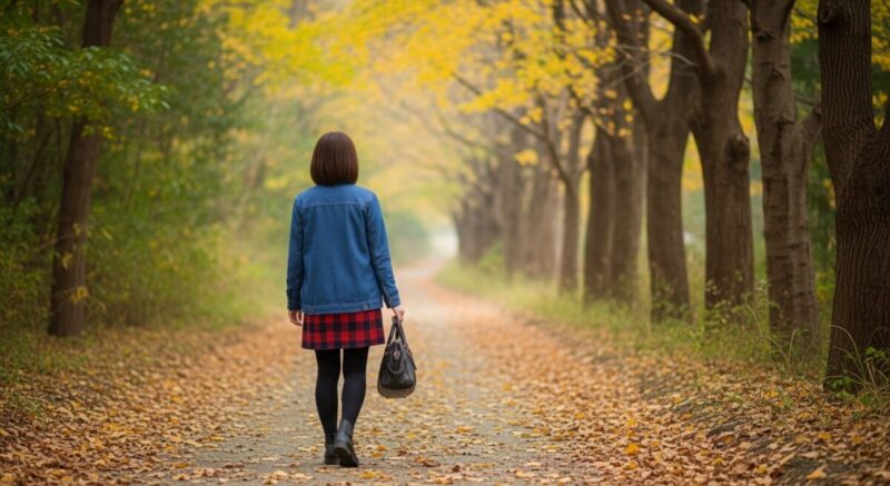 森の小道を歩きながら落ち葉を見つめる日本人女性