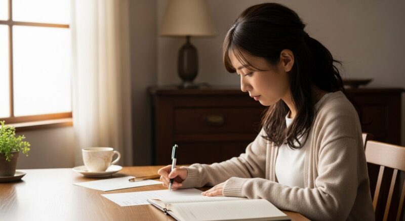 机に手紙を広げ、ペンを持ちながら言葉を考える日本人女性