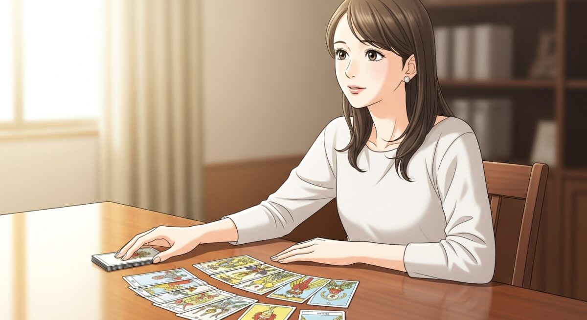 タロットカードを前に復縁を願う女性が静かに座っている、落ち着いた雰囲気のイラスト
