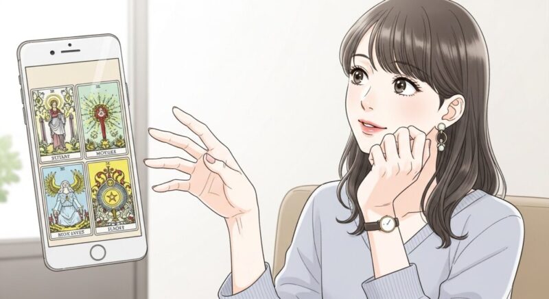 スマホ画面でタロットカードを引こうとしている女性のイラスト