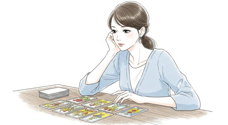 テーブルに広げられたタロットカードを見つめる女性のイラスト