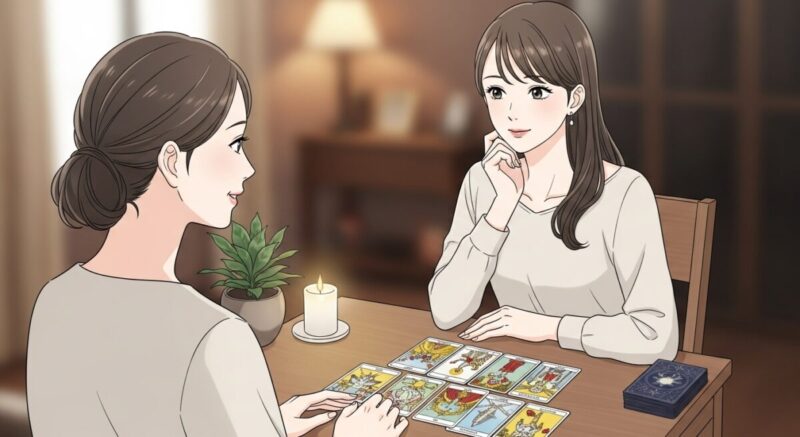 相談者の女性が占い師にタロットリーディングを受けている場面のイラスト