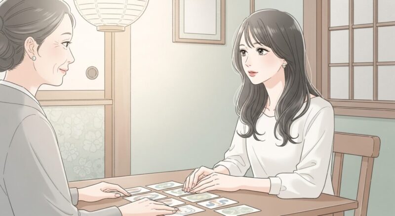 静かな部屋で占い師に相談し、真剣に耳を傾ける日本人女性