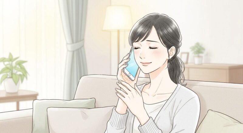 スマートフォンで電話占いを受け、安心した表情を浮かべる日本人女性