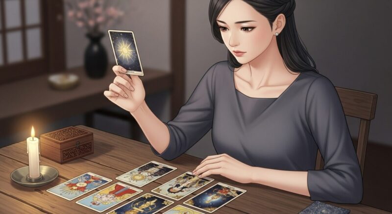 タロットカードを広げて未来を占う日本人女性