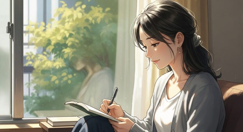 窓辺で自分を見つめ直し、日記を書く日本人女性
