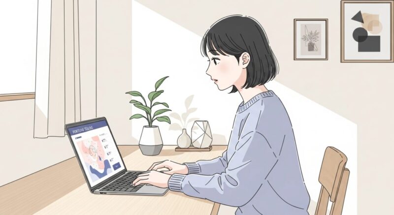 パソコン画面を見ながら無料占いを試す日本人女性