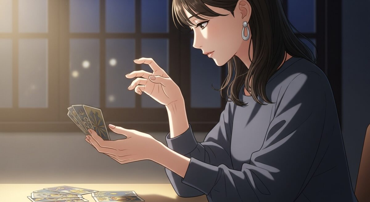 夜の静かな空間で、未来に想いを馳せながら占いを受ける日本人女性