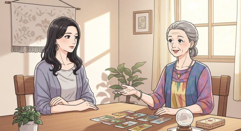落ち着いた雰囲気の中で、占い師の言葉に耳を傾ける日本人女性