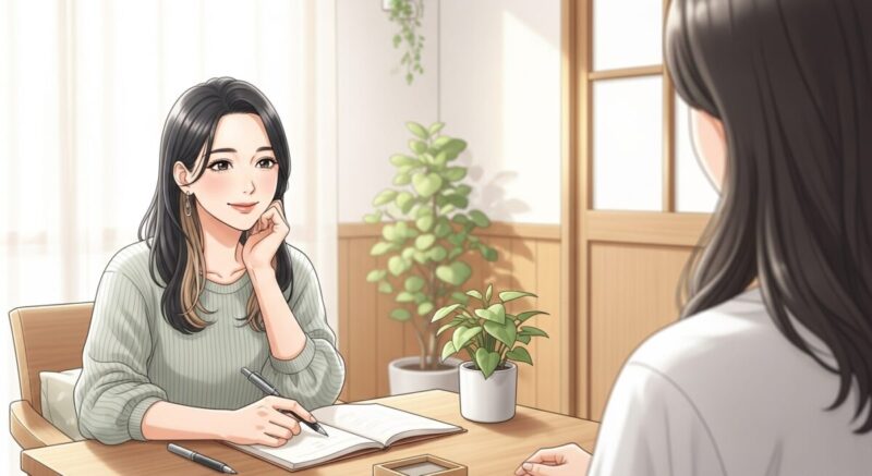 明るい部屋で相談し、信頼できる雰囲気を感じる日本人女性