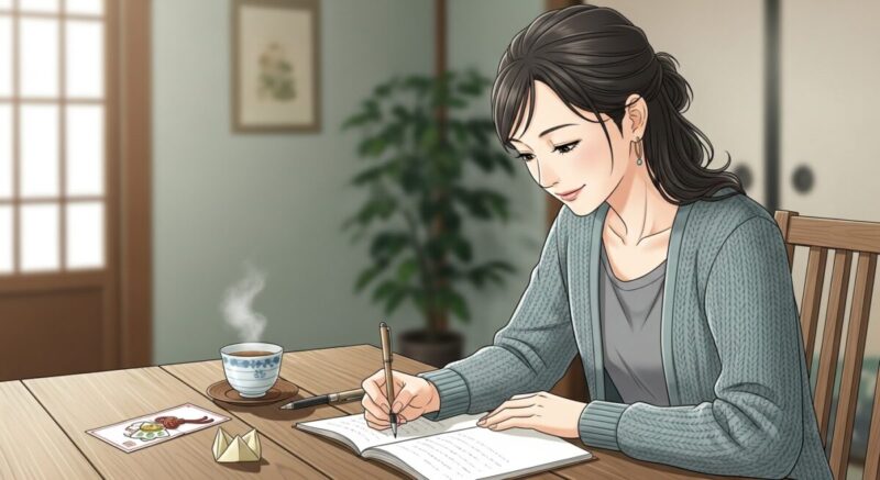 占い結果を前向きに受け止め、自分のノートに書き留める日本人女性