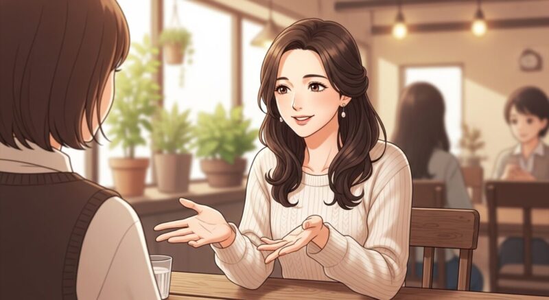 友人に体験を語り、共感を得ている日本人女性