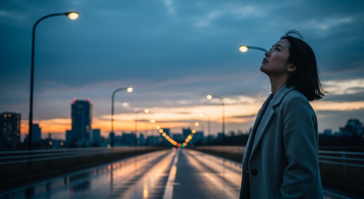 夕暮れの道を歩きながら、少し切なげに空を見上げる女性。過去と未来を行き来する心を表す。