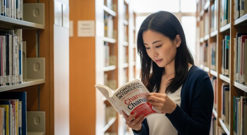 図書館で心理学の本を手に取り、興味深くページをめくる女性。感情の変化を学ぶ姿。