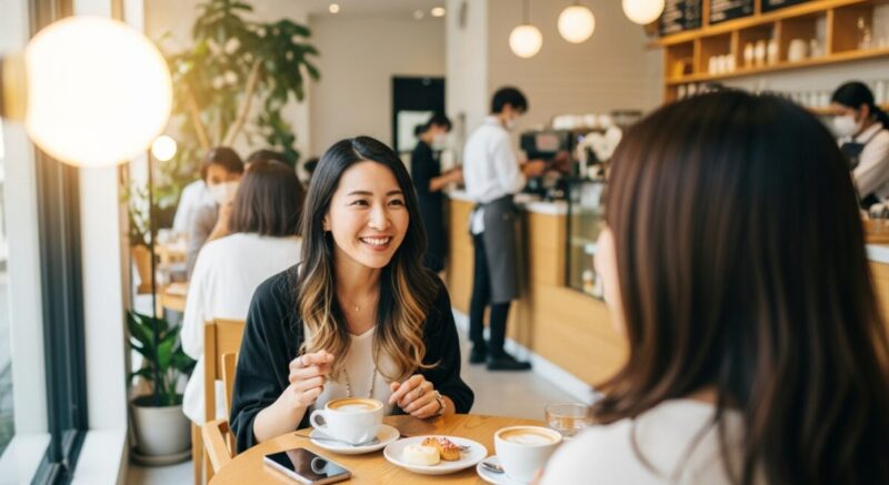 友人とカフェで笑顔で話す女性。新しい日常の変化を自然に示す場面。