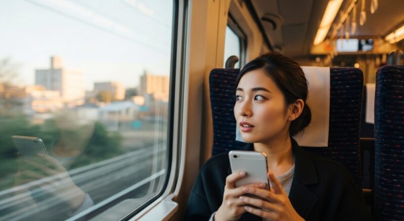 電車の窓辺で外を眺めながら、スマートフォンに届いたメッセージを確認する女性。小さな変化に気づく瞬間。