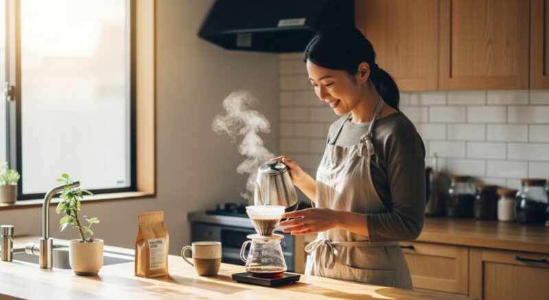 朝の光が差すキッチンでコーヒーをいれながら静かに微笑む女性。日常の中で自分を大切にする姿。