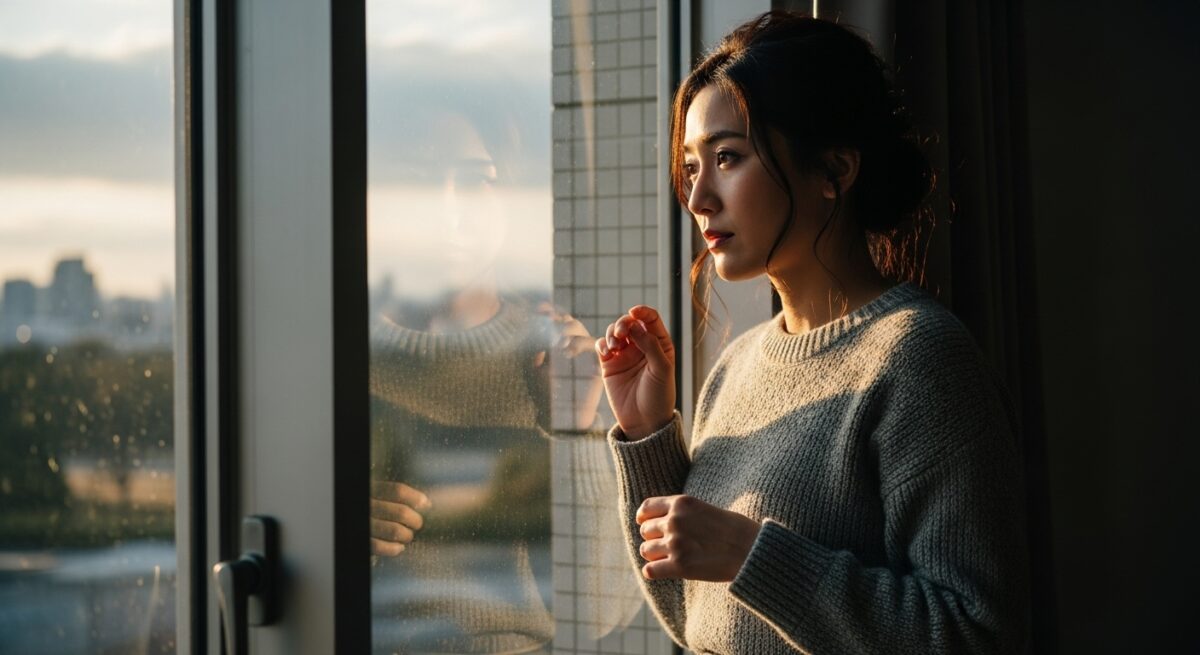 窓辺で物思いにふける日本人女性。過去の恋愛を静かに振り返りながらも未来への希望を探している雰囲気。