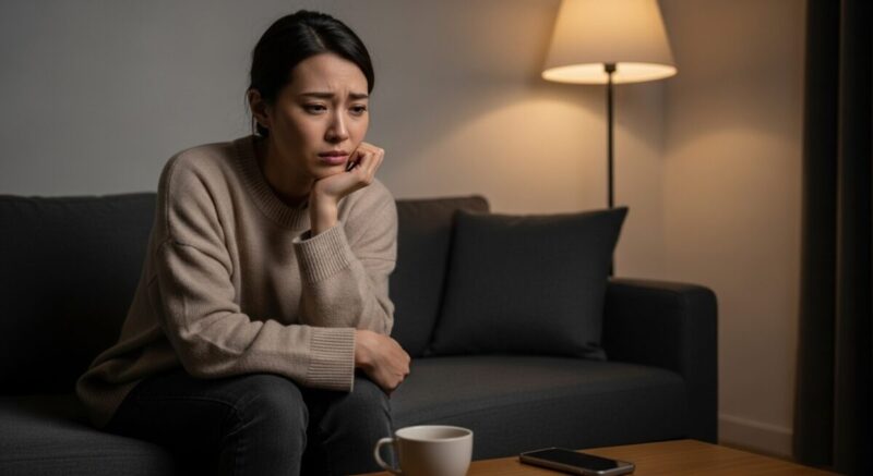 ソファに座り、恋人との関係について悩む女性。小さな違和感や嫉妬を思い出して切ない表情を浮かべている。