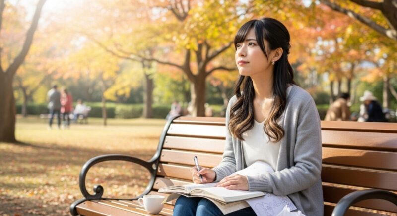 公園のベンチに座り、ノートを開きながら未来に向けて考えを整理する女性。前向きに心を立て直そうとしている様子。